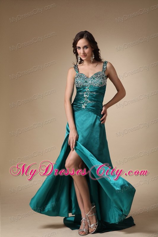 Turquoise Column Straps High Slit Beading Prom Evening Dress