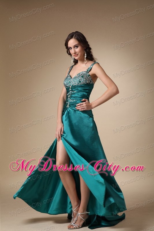 Turquoise Column Straps High Slit Beading Prom Evening Dress