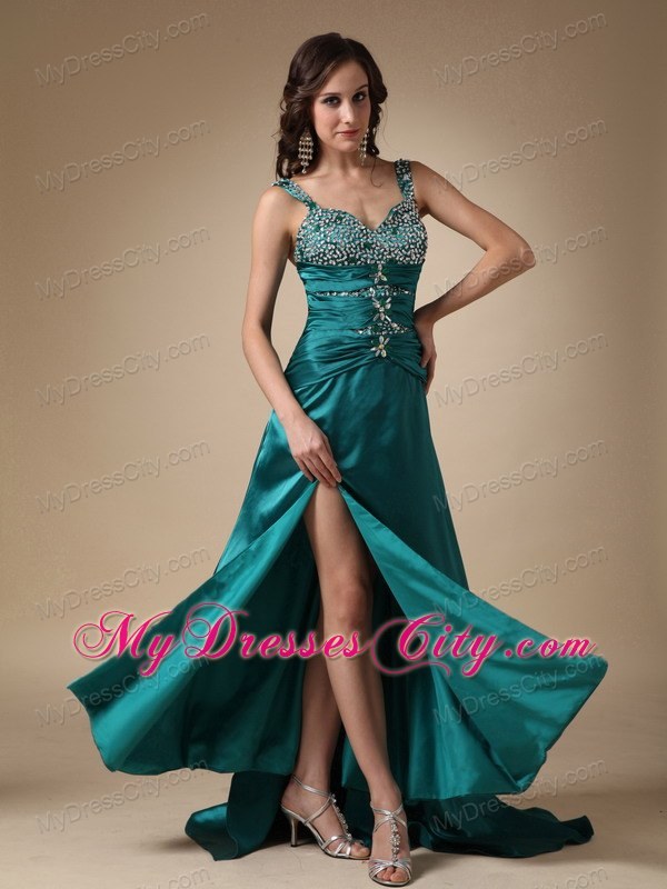 Turquoise Column Straps High Slit Beading Prom Evening Dress