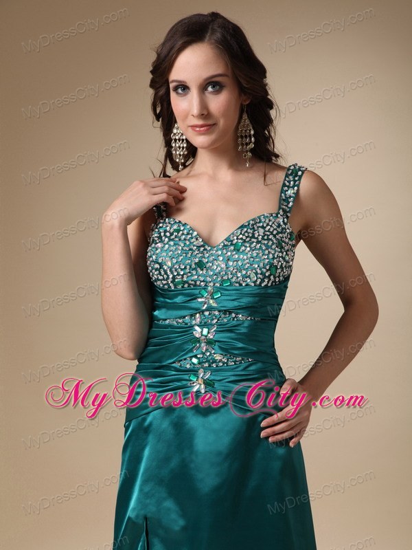 Turquoise Column Straps High Slit Beading Prom Evening Dress