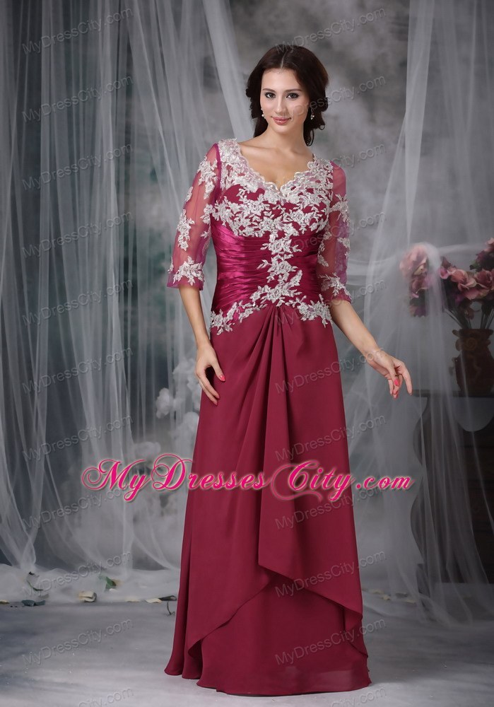 Sleeves V-neck Long Chiffon Red Appliques Mother Of The Bride Dress