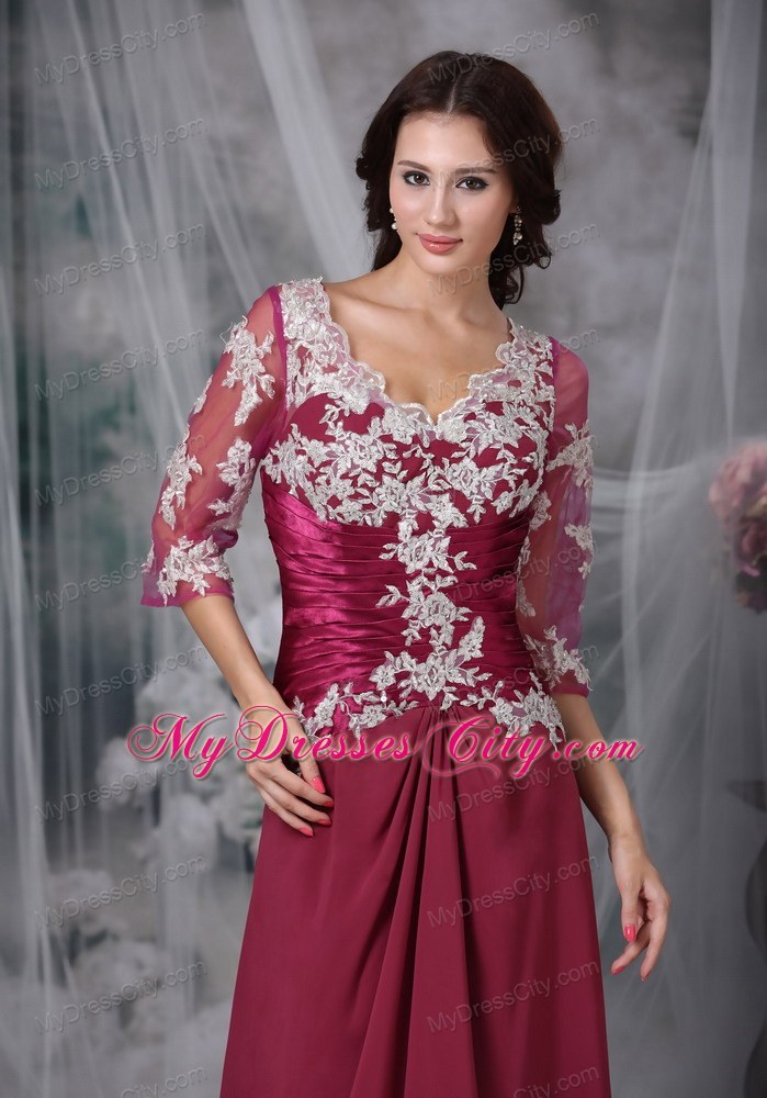 Sleeves V-neck Long Chiffon Red Appliques Mother Of The Bride Dress