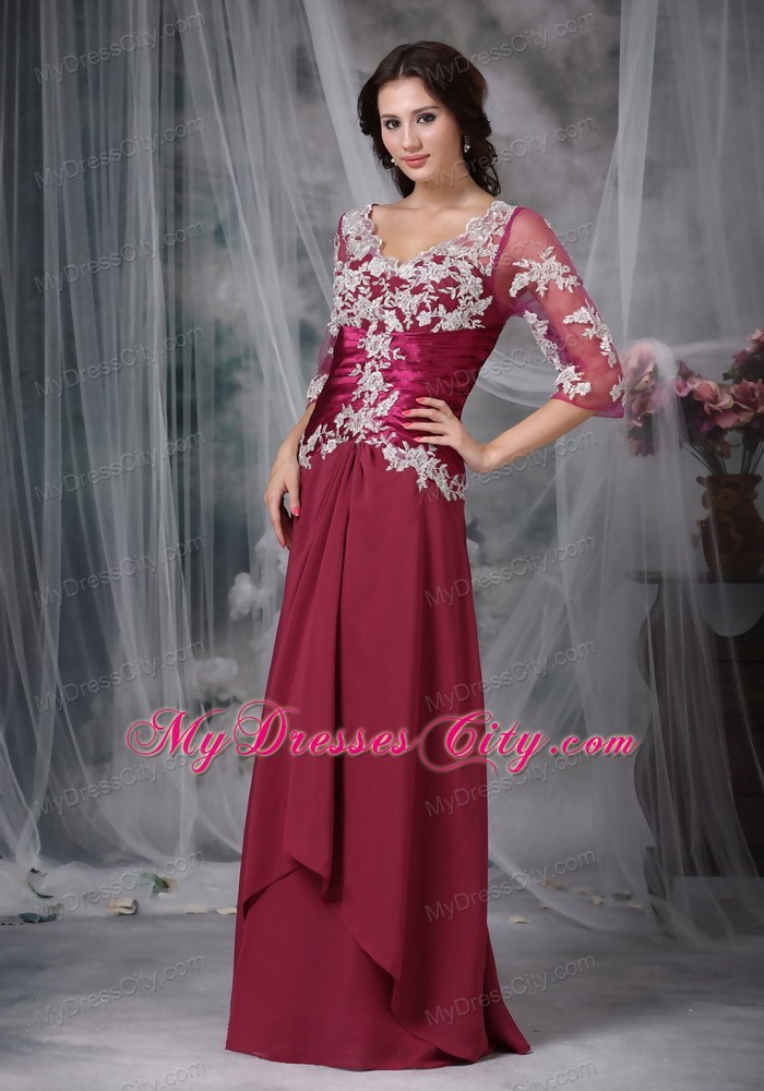 Sleeves V-neck Long Chiffon Red Appliques Mother Of The Bride Dress