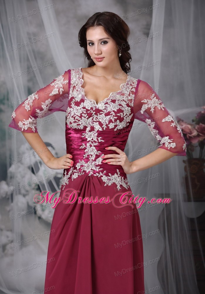 Sleeves V-neck Long Chiffon Red Appliques Mother Of The Bride Dress