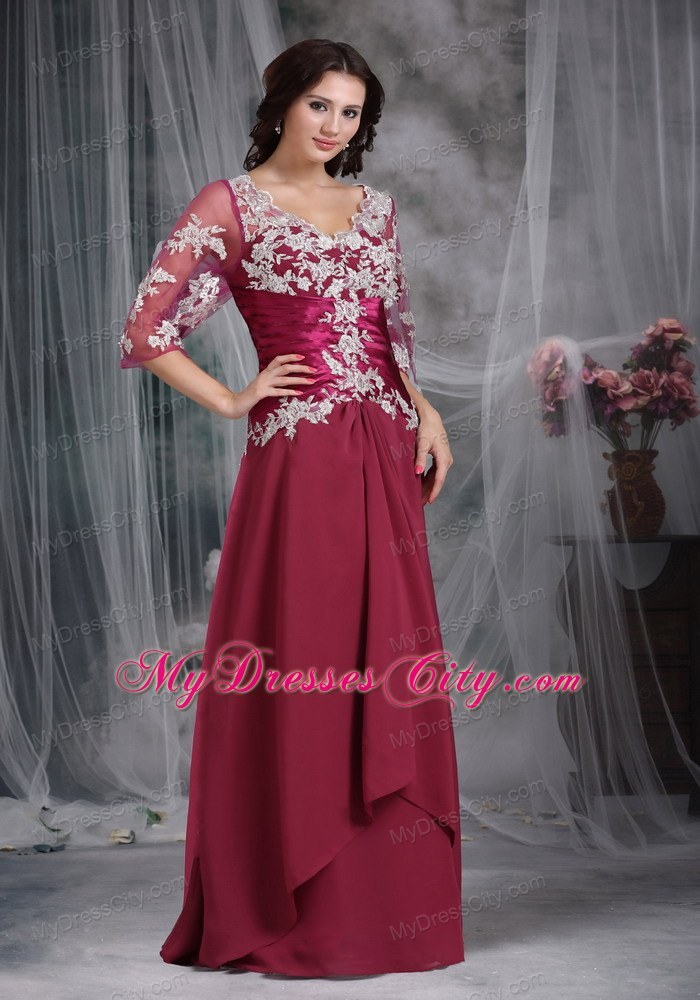 Sleeves V-neck Long Chiffon Red Appliques Mother Of The Bride Dress