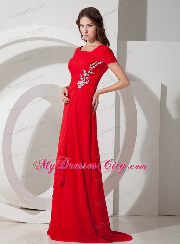 Square Brush Red Empire Chiffon Appliques Mother Of The Bride Dress