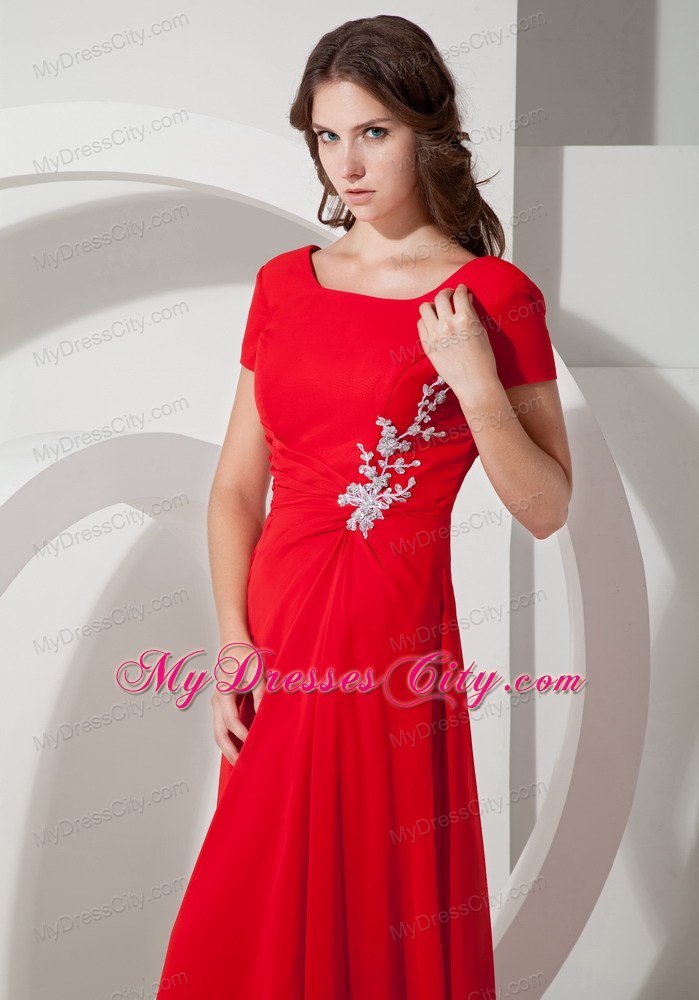 Square Brush Red Empire Chiffon Appliques Mother Of The Bride Dress