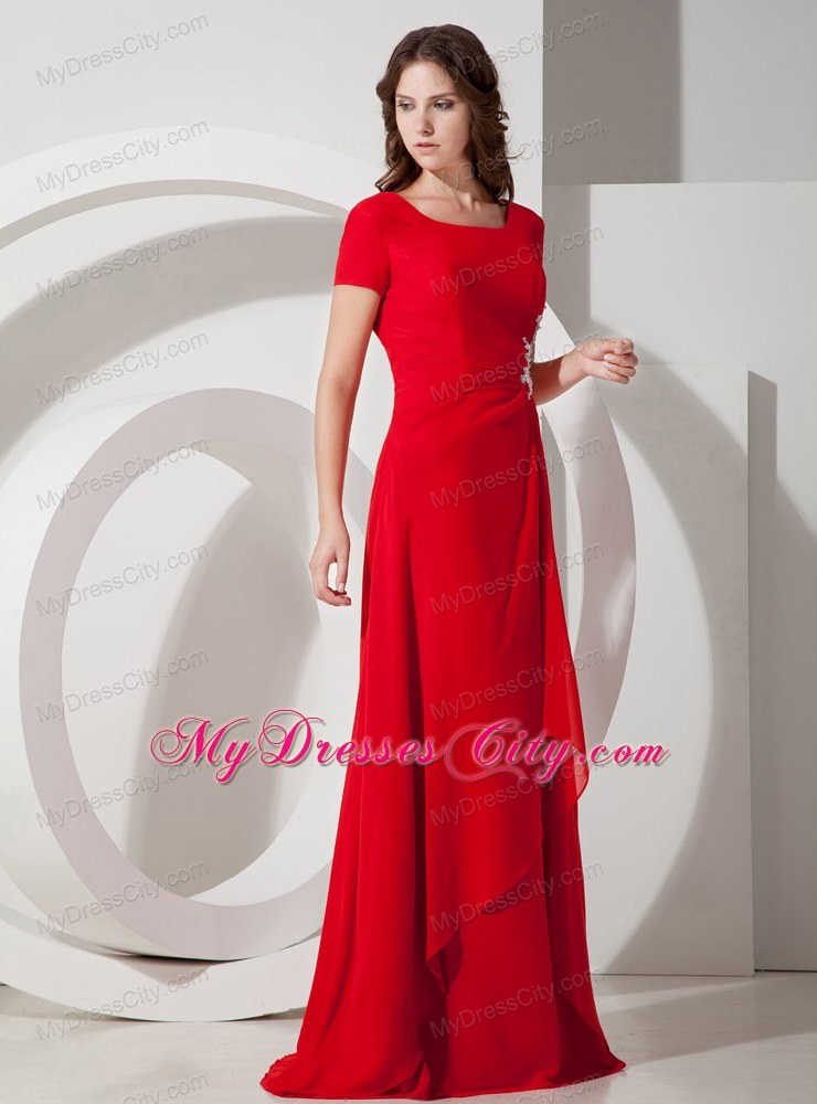 Square Brush Red Empire Chiffon Appliques Mother Of The Bride Dress