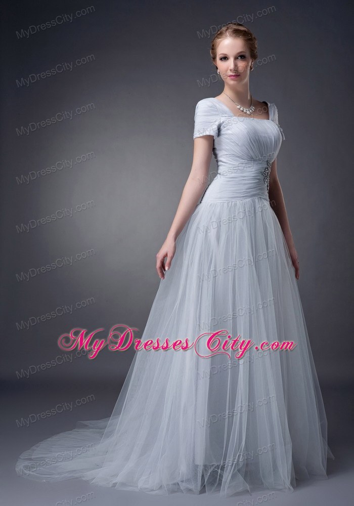 A-line Square Brush Gray Tulle Ruche Appliques Mother of Groom Dress