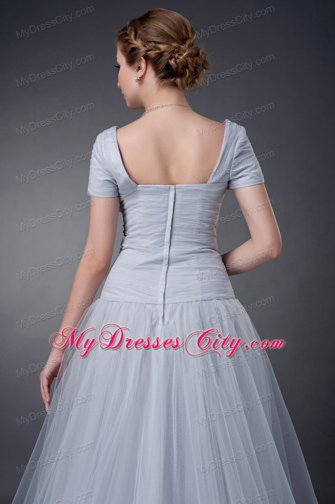 A-line Square Brush Gray Tulle Ruche Appliques Mother of Groom Dress