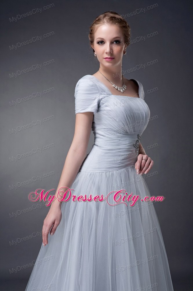 A-line Square Brush Gray Tulle Ruche Appliques Mother of Groom Dress