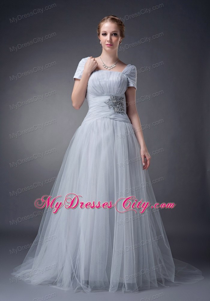 A-line Square Brush Gray Tulle Ruche Appliques Mother of Groom Dress