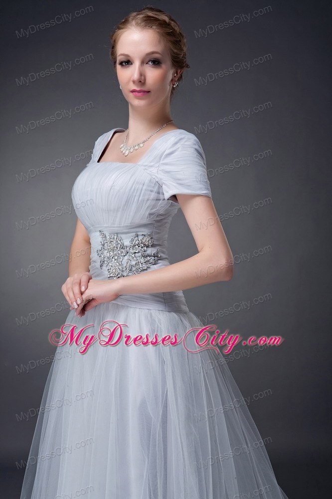 A-line Square Brush Gray Tulle Ruche Appliques Mother of Groom Dress