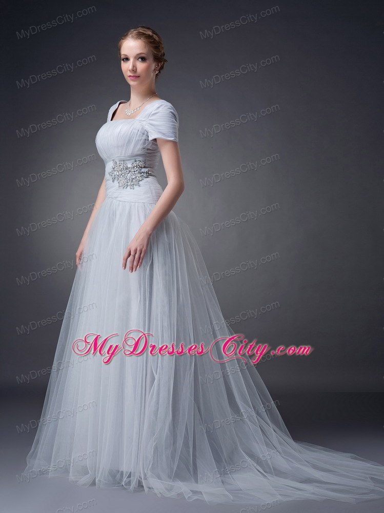 A-line Square Brush Gray Tulle Ruche Appliques Mother of Groom Dress