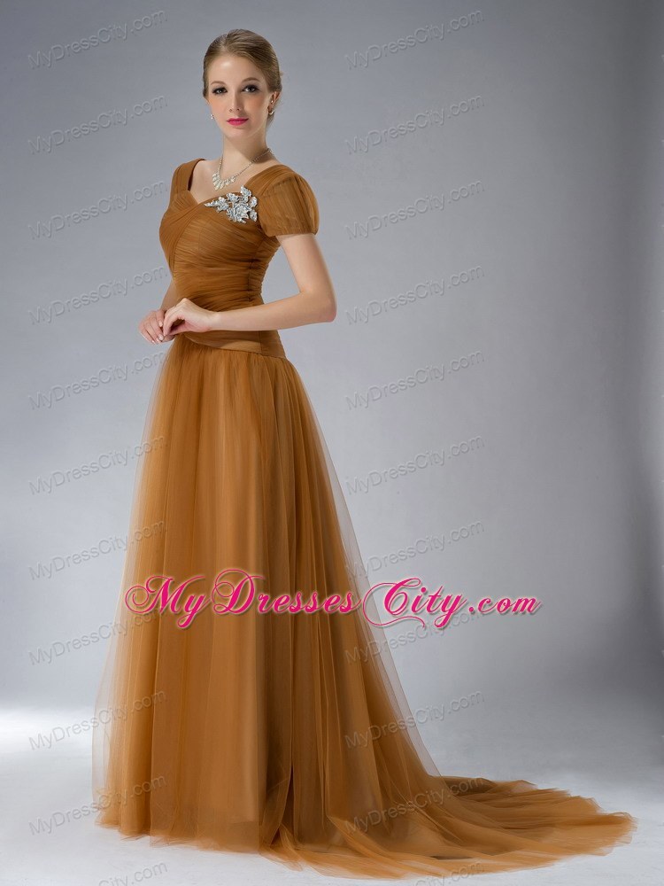 Brown Square Brush Train Mother Of The Bride Dress Tulle Appliques