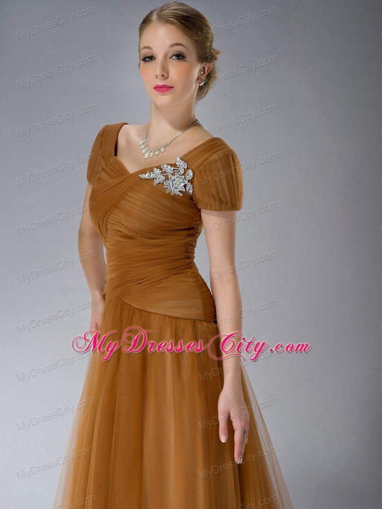 Brown Square Brush Train Mother Of The Bride Dress Tulle Appliques