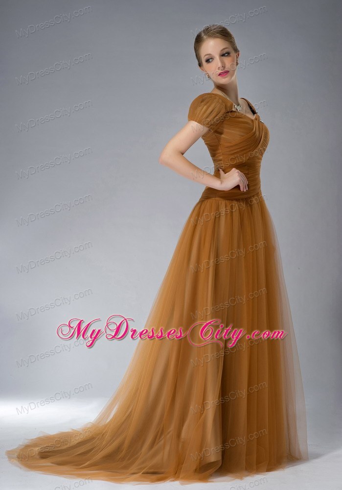 Brown Square Brush Train Mother Of The Bride Dress Tulle Appliques