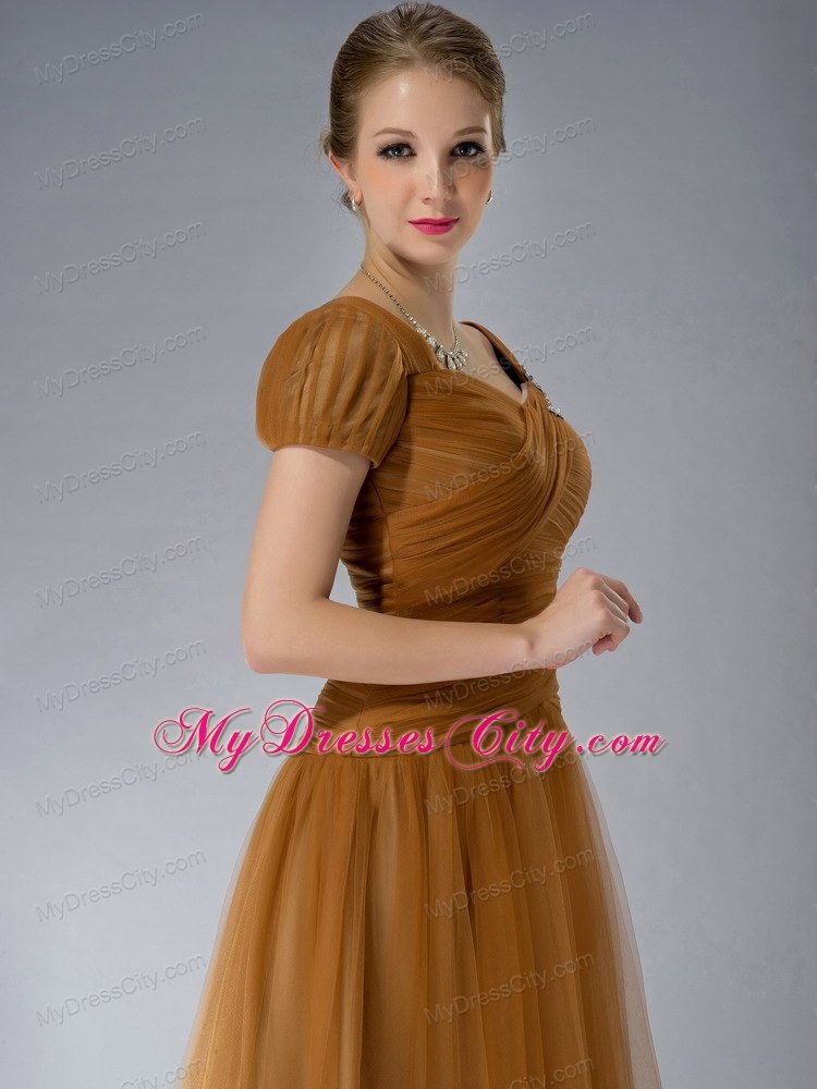 Brown Square Brush Train Mother Of The Bride Dress Tulle Appliques