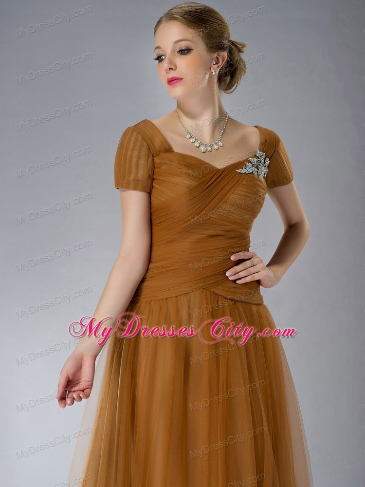 Brown Square Brush Train Mother Of The Bride Dress Tulle Appliques