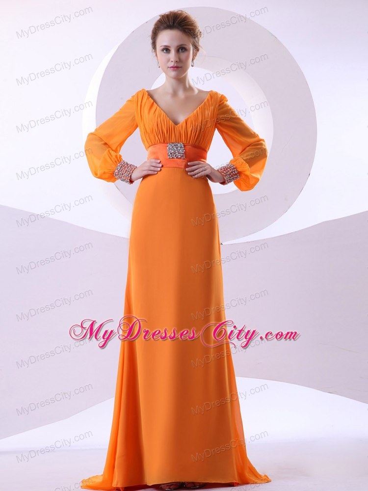 Long Sleeves V-neck Beading and Ruching Brush Mother of Groom Dress