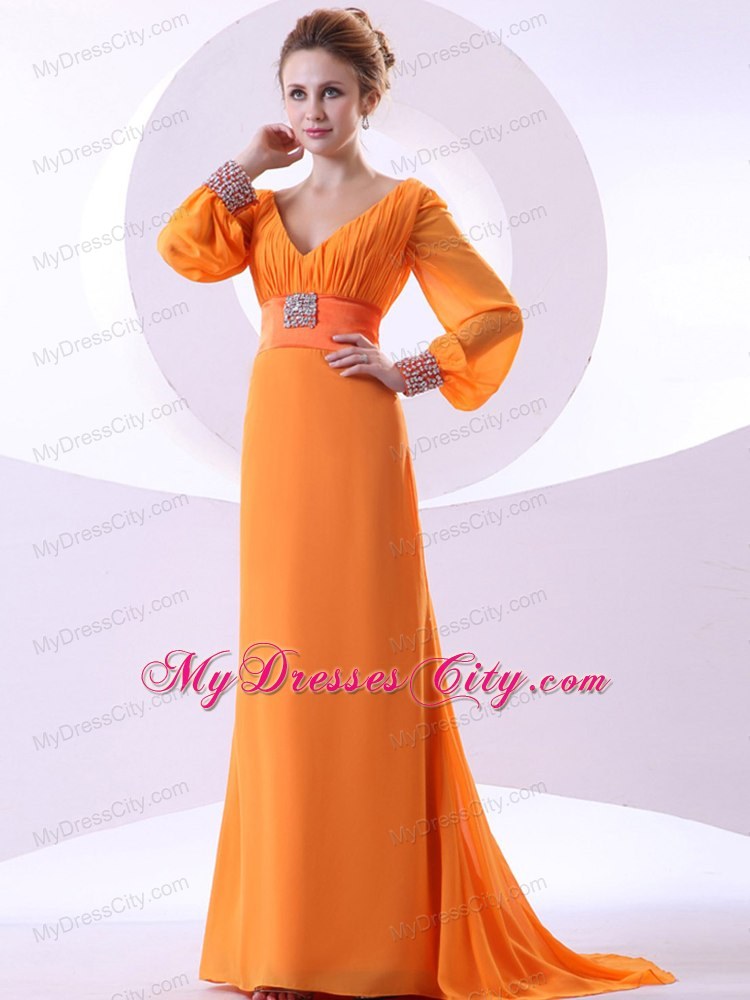 Long Sleeves V-neck Beading and Ruching Brush Mother of Groom Dress