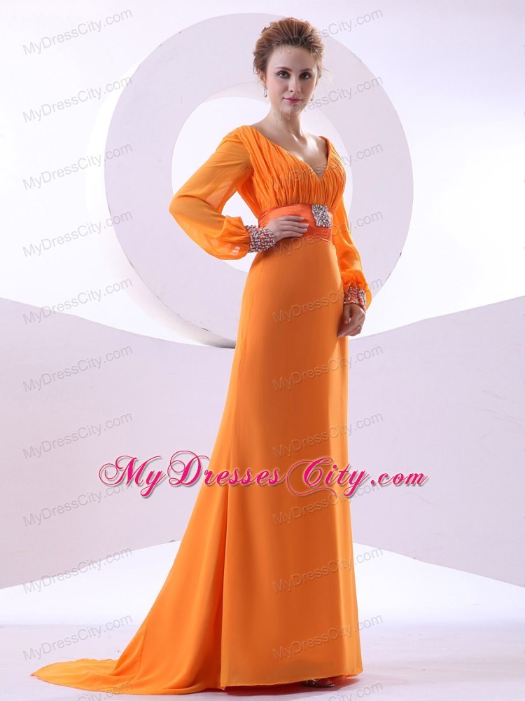 Long Sleeves V-neck Beading and Ruching Brush Mother of Groom Dress