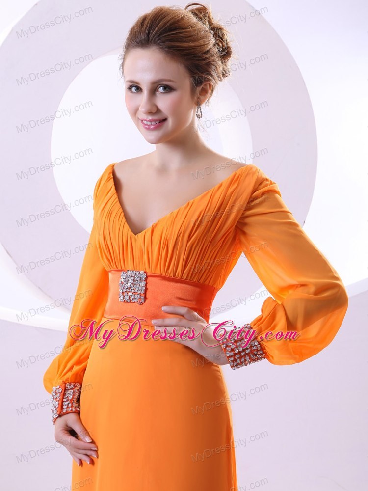 Long Sleeves V-neck Beading and Ruching Brush Mother of Groom Dress