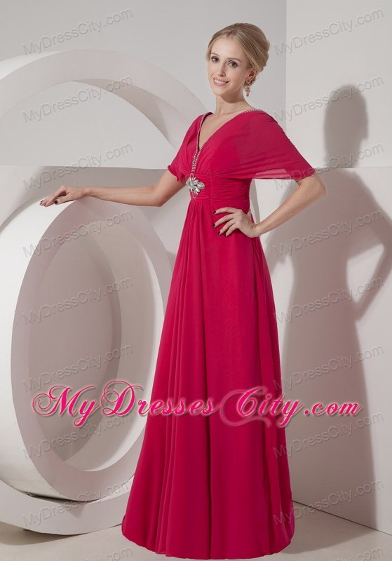 V-neck Floor-length Coral Short Sleeves Mother of the Bride Dress