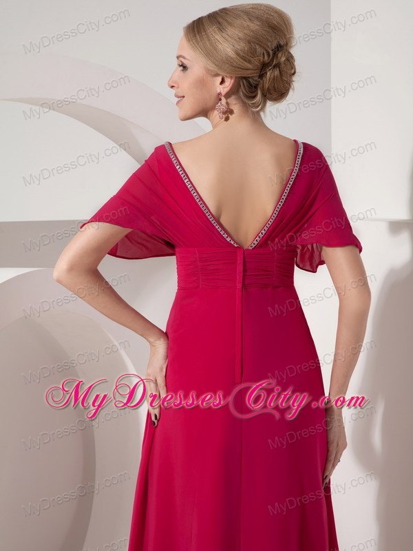 V-neck Floor-length Coral Short Sleeves Mother of the Bride Dress