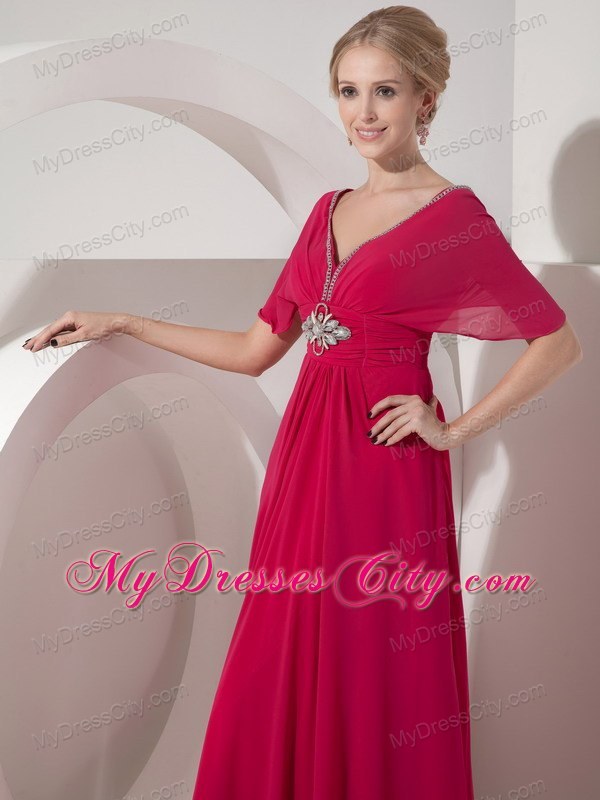 V-neck Floor-length Coral Short Sleeves Mother of the Bride Dress