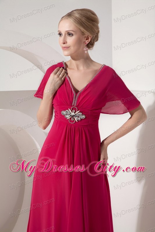 V-neck Floor-length Coral Short Sleeves Mother of the Bride Dress