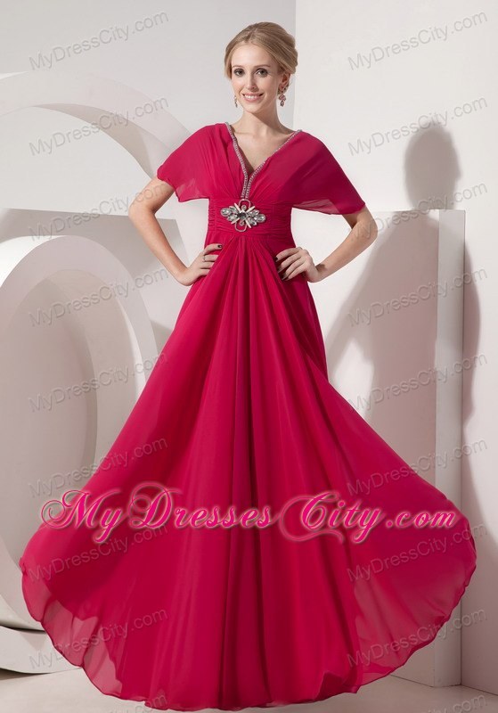 V-neck Floor-length Coral Short Sleeves Mother of the Bride Dress