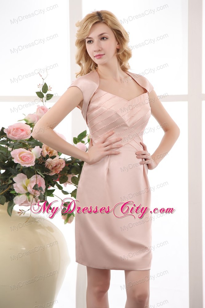 Pink Beaded Straps Mini-length Ruching Mother Of The Bride Dress