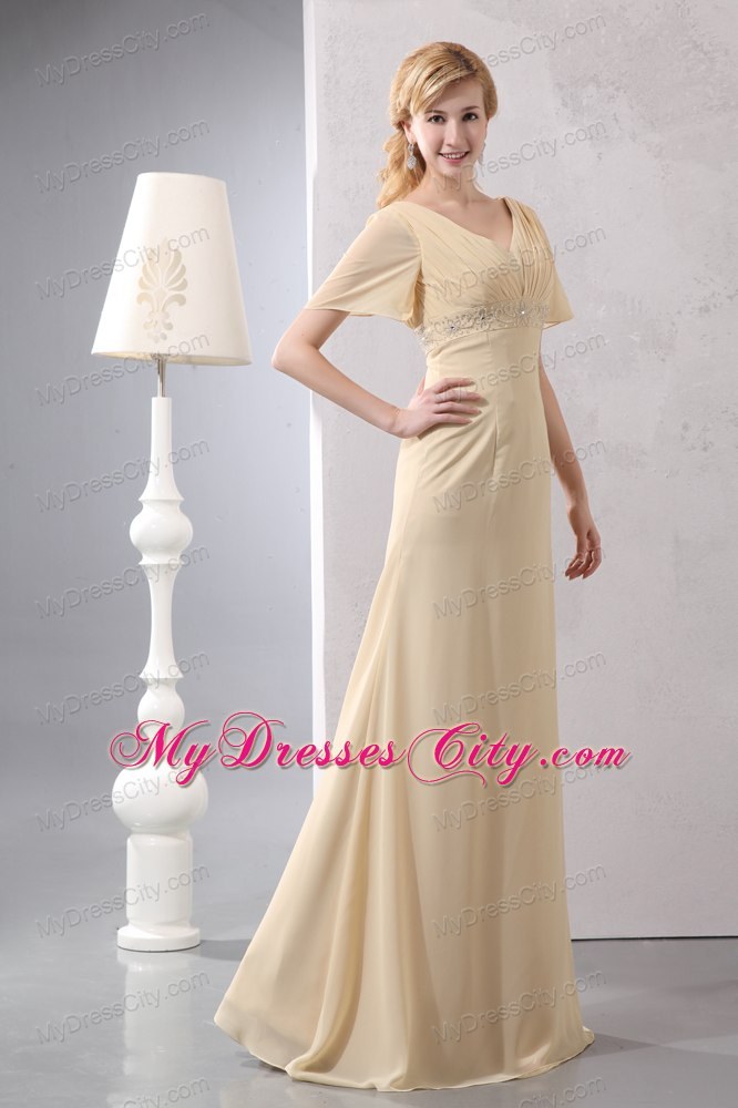 Light Yellow Empire V-neck Beading Dress for Mothers With Sleeves