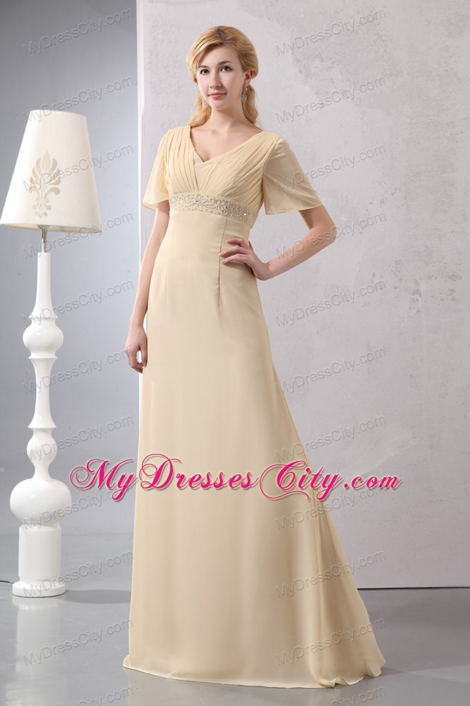 Light Yellow Empire V-neck Beading Dress for Mothers With Sleeves