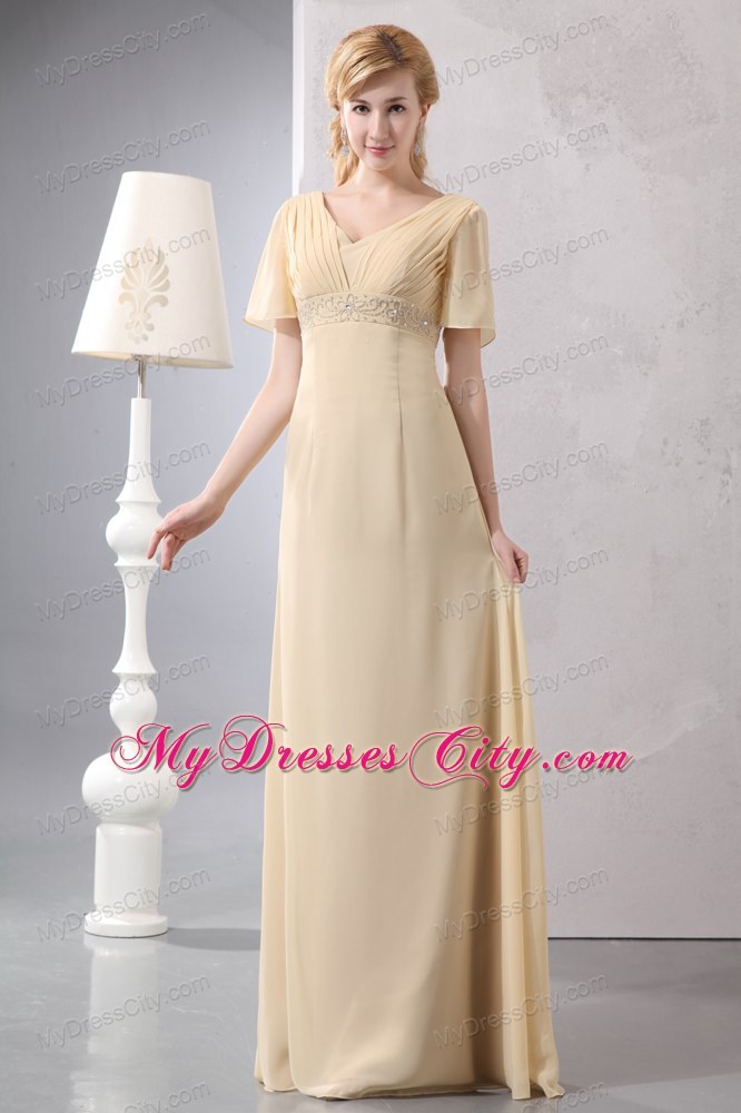 Light Yellow Empire V-neck Beading Dress for Mothers With Sleeves