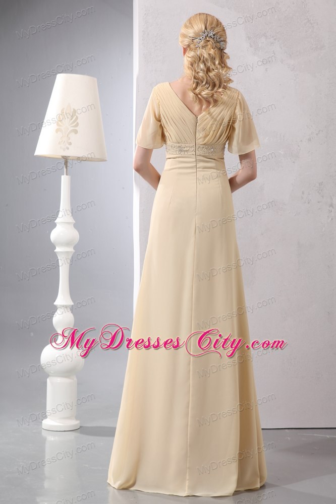 Light Yellow Empire V-neck Beading Dress for Mothers With Sleeves