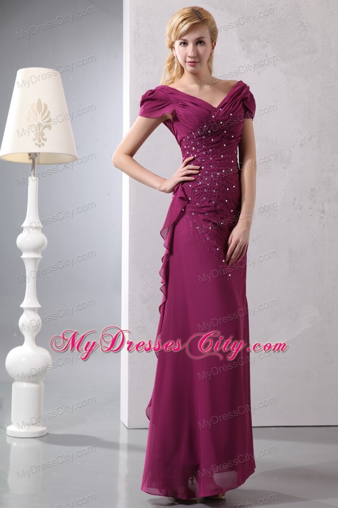 Burgundy Column V-neck Ruching and Beading Mother Dresses