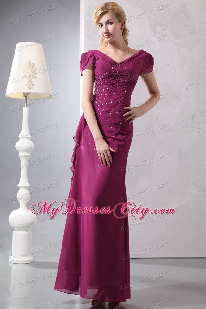 Burgundy Column V-neck Ruching and Beading Mother Dresses