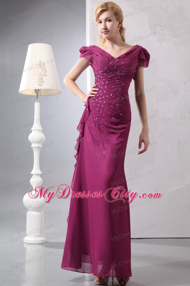 Burgundy Column V-neck Ruching and Beading Mother Dresses