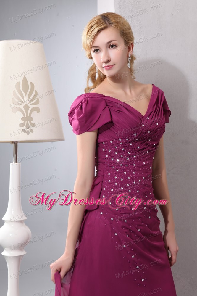 Burgundy Column V-neck Ruching and Beading Mother Dresses