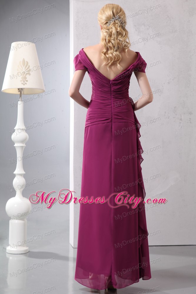 Burgundy Column V-neck Ruching and Beading Mother Dresses