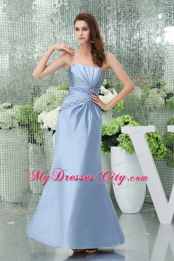 Blue Strapless Beading Column Ankle-length Mothers Dress