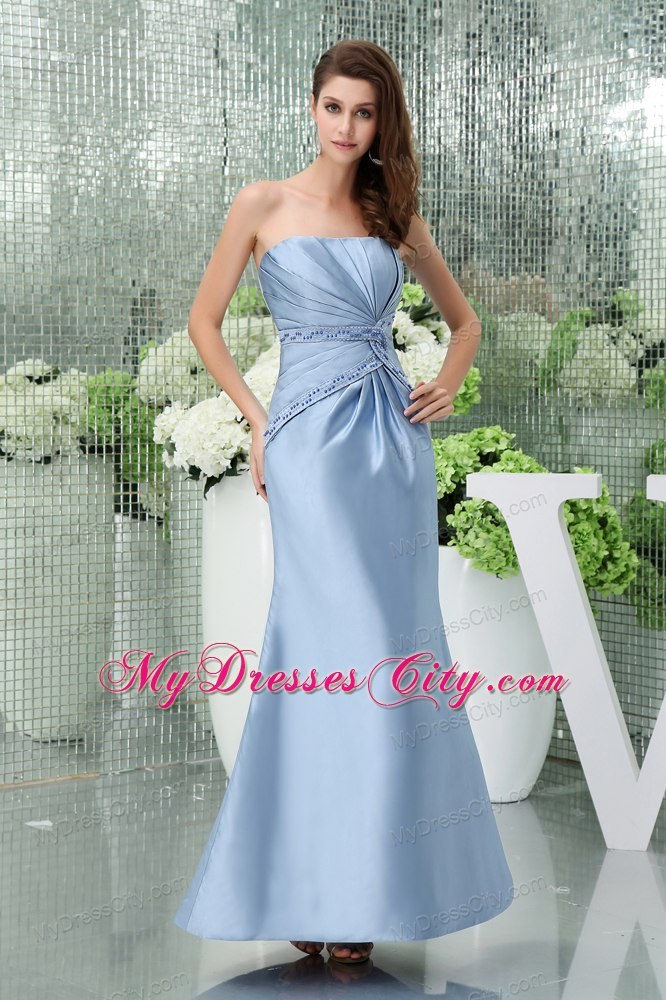 Blue Strapless Beading Column Ankle-length Mothers Dress