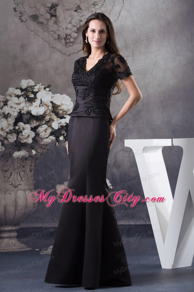 V-neck Mermaid Black Appliques for Mother Of The Bride Dress