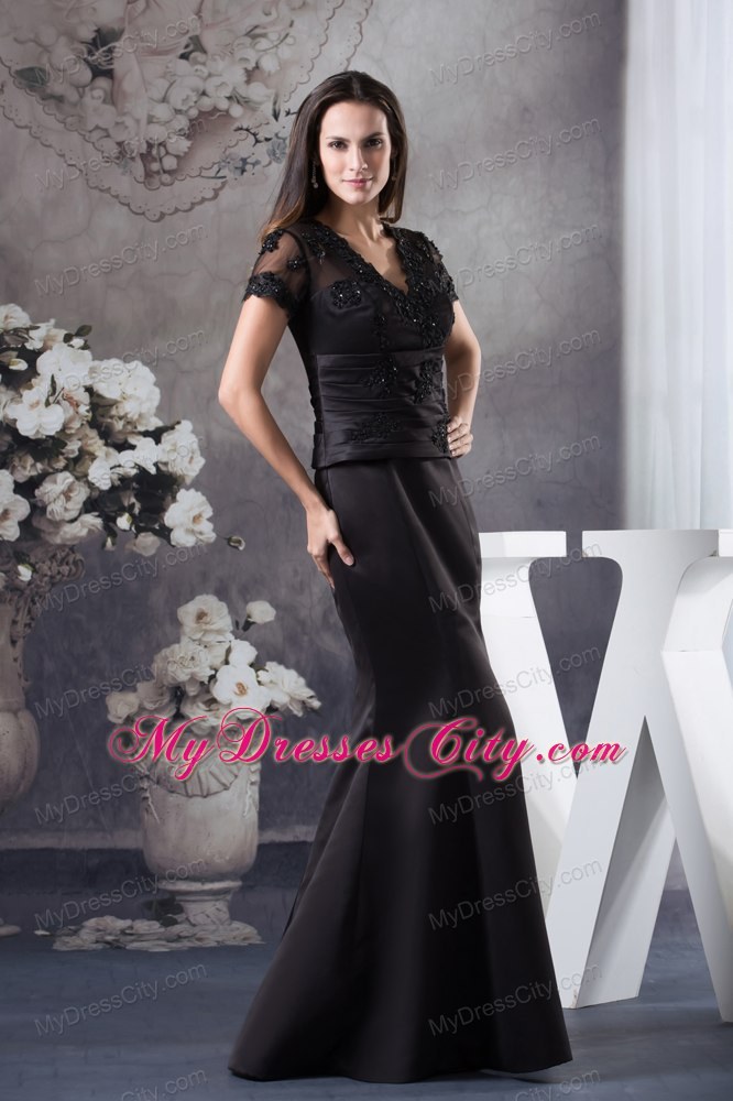 V-neck Mermaid Black Appliques for Mother Of The Bride Dress