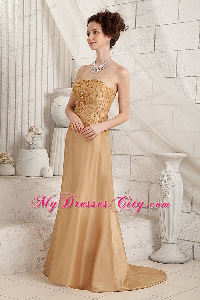 Gold Fully Beaded Mother Of The Bride Dress with Court Train