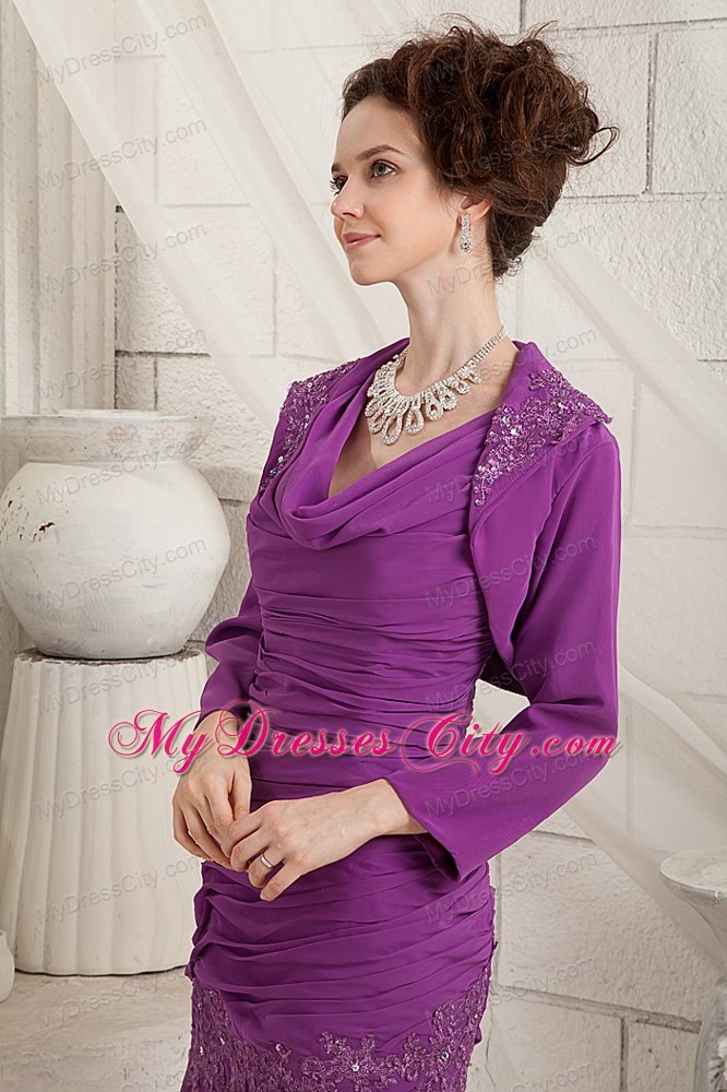 Purple Dropped Neckline Ruching Mothers Dresses with Appliques