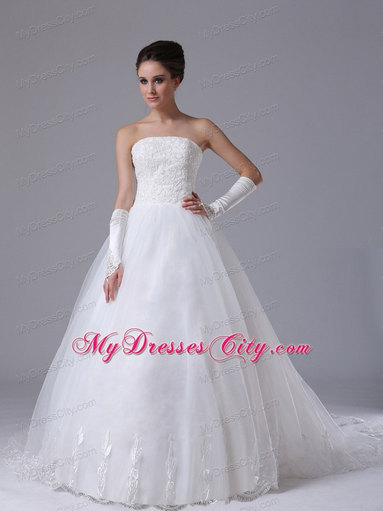 Strapless Lace Chapel Train Puffy Bridal Gown with Lace-up Back