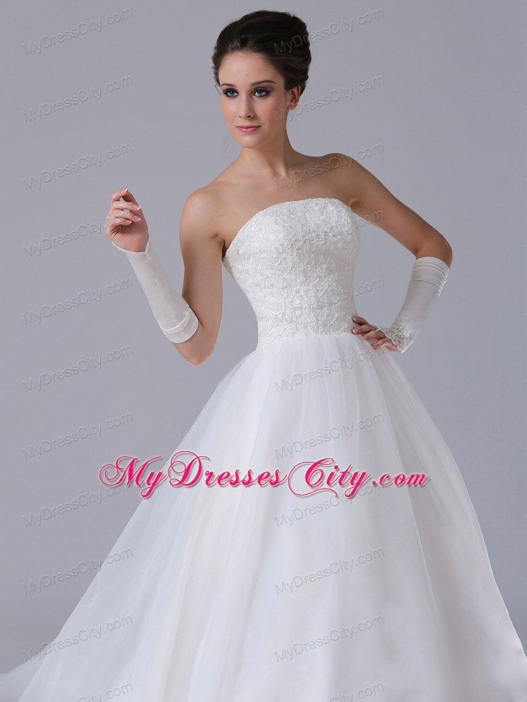 Strapless Lace Chapel Train Puffy Bridal Gown with Lace-up Back